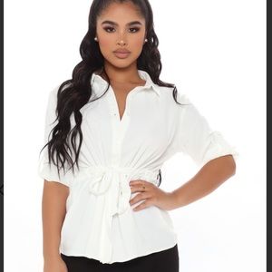 Tie front white button up shirt
